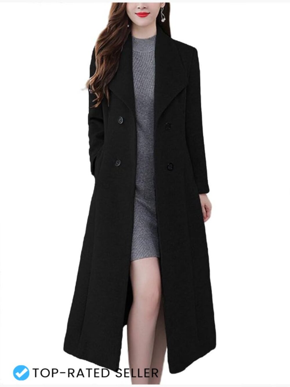 Long Wool Blend Maxi Pea Coat Shawl Collar Double Breasted Winter Overcoat